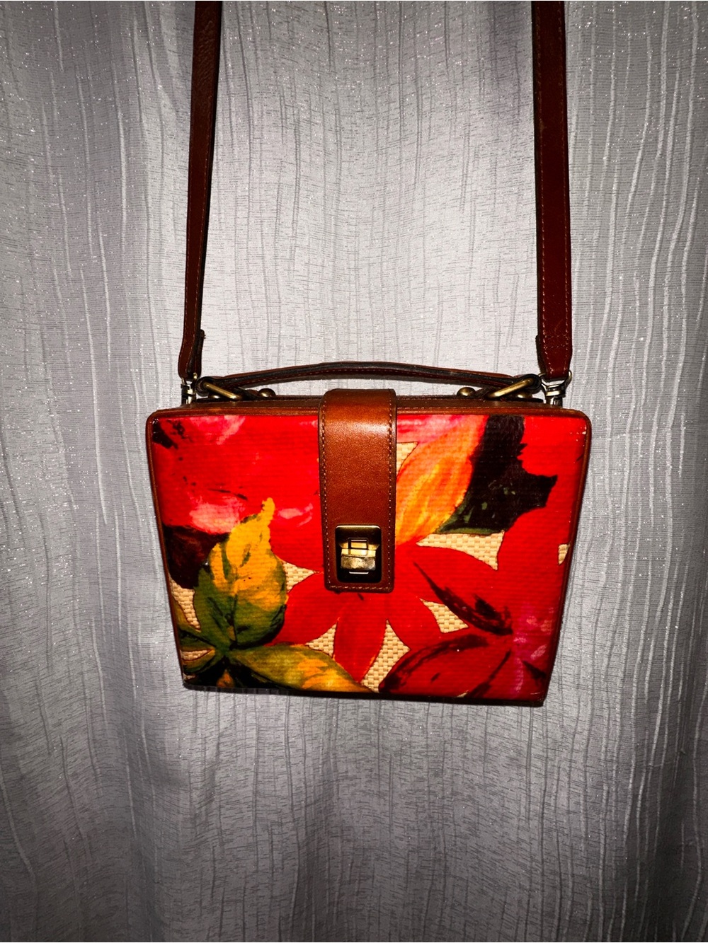 Patricia Nash Red Floral Crossbody with Brown Trim